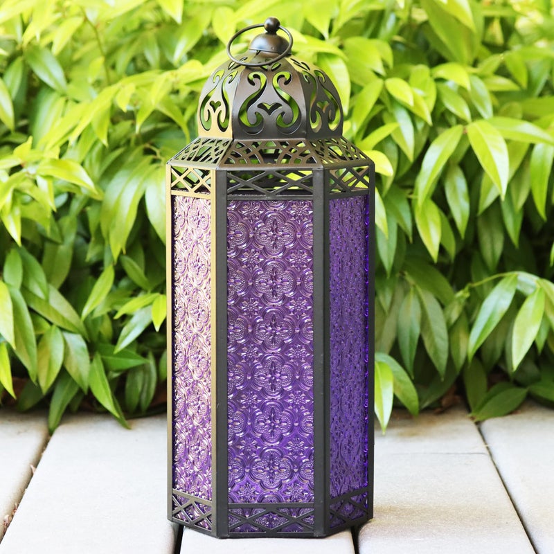 VELA LANTERNS Moroccan Candle Lanterns Decorative Set of 3 for Floor, Ramadan Decorations, Indoor Home Decor, Outdoor Patio or Porch, Halloween, Weddings, Purple - Image 4